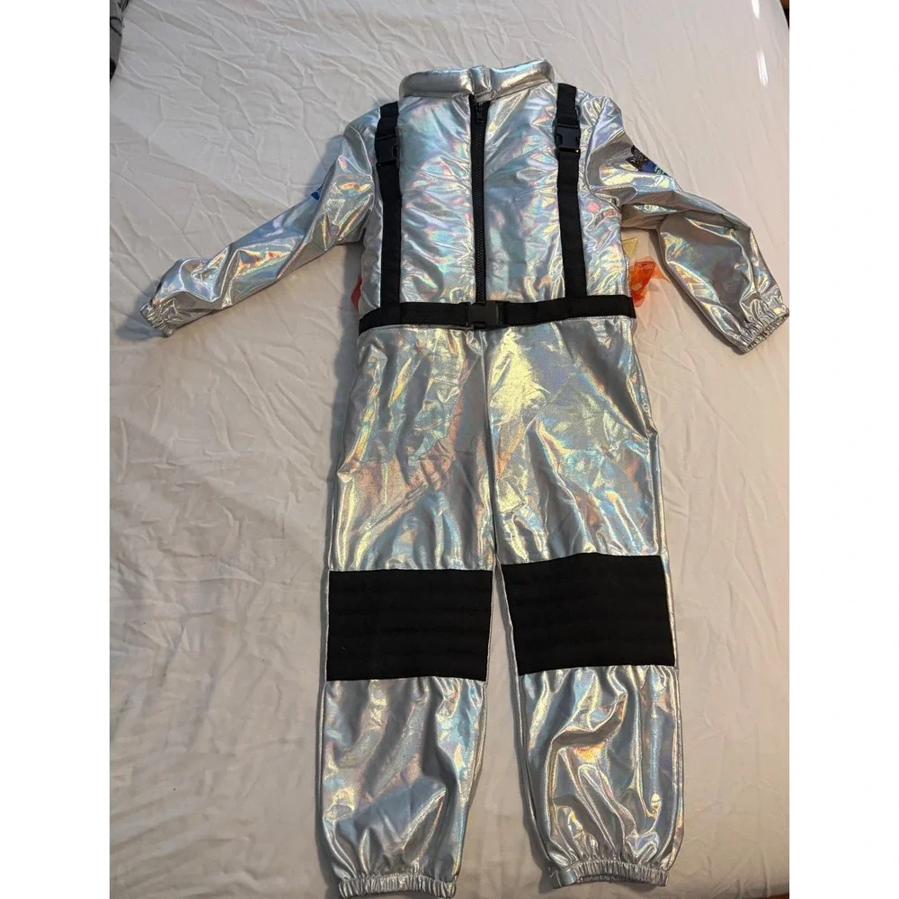 I Want To Be Astronaut Costume Jumpsuit Silver Metallic Jet Pack Size 5/6 Kids